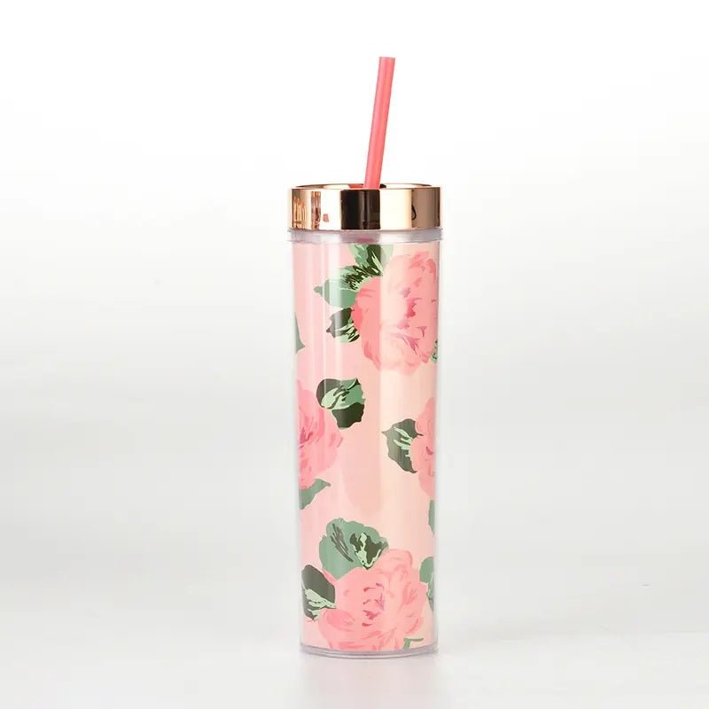 Beautiful Floral Double Wall Insulated Acrylic Tumbler with lid & straw | 450 ml | Reusable - Supple Room