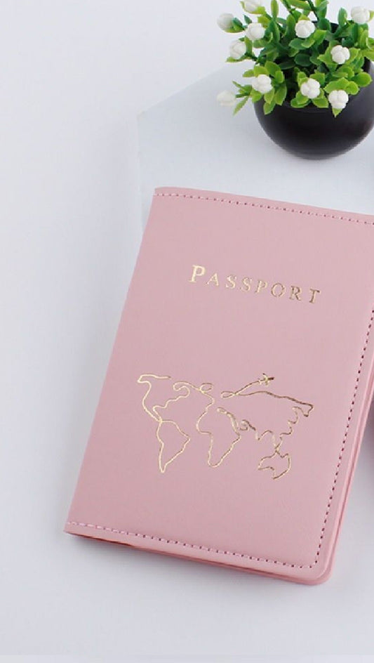 Blush Pink Gold foiled world map Outline Aesthetic Pastel PU leather Passport cover holder cum card holder - Supple Room