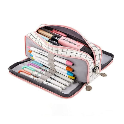 Checkered Multi-functional Big Capacity Pencil Case with Handle - Supple Room