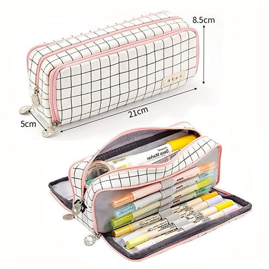 Checkered Multi-functional Big Capacity Pencil Case with Handle - Supple Room