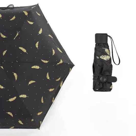 Gold foiled feathers Mini Pocket 5 fold umbrella with pouch | Pocket size - Supple Room