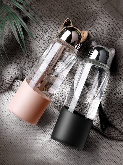 Luxurious Fox Glass Water Bottle | Black/Champagne | Eco friendly - Supple Room