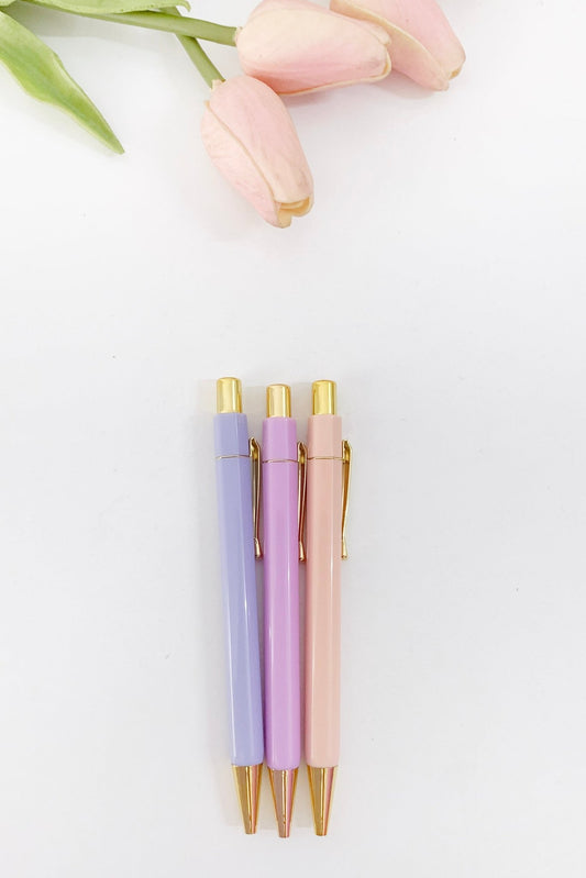 Set of 3 Hexagonal Pastel pens | Lavender, Purple and Coral | black / blue ink - Supple Room