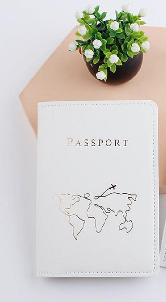 White Gold foiled world map Outline Aesthetic Pastel PU leather Passport cover holder cum card holder - Supple Room